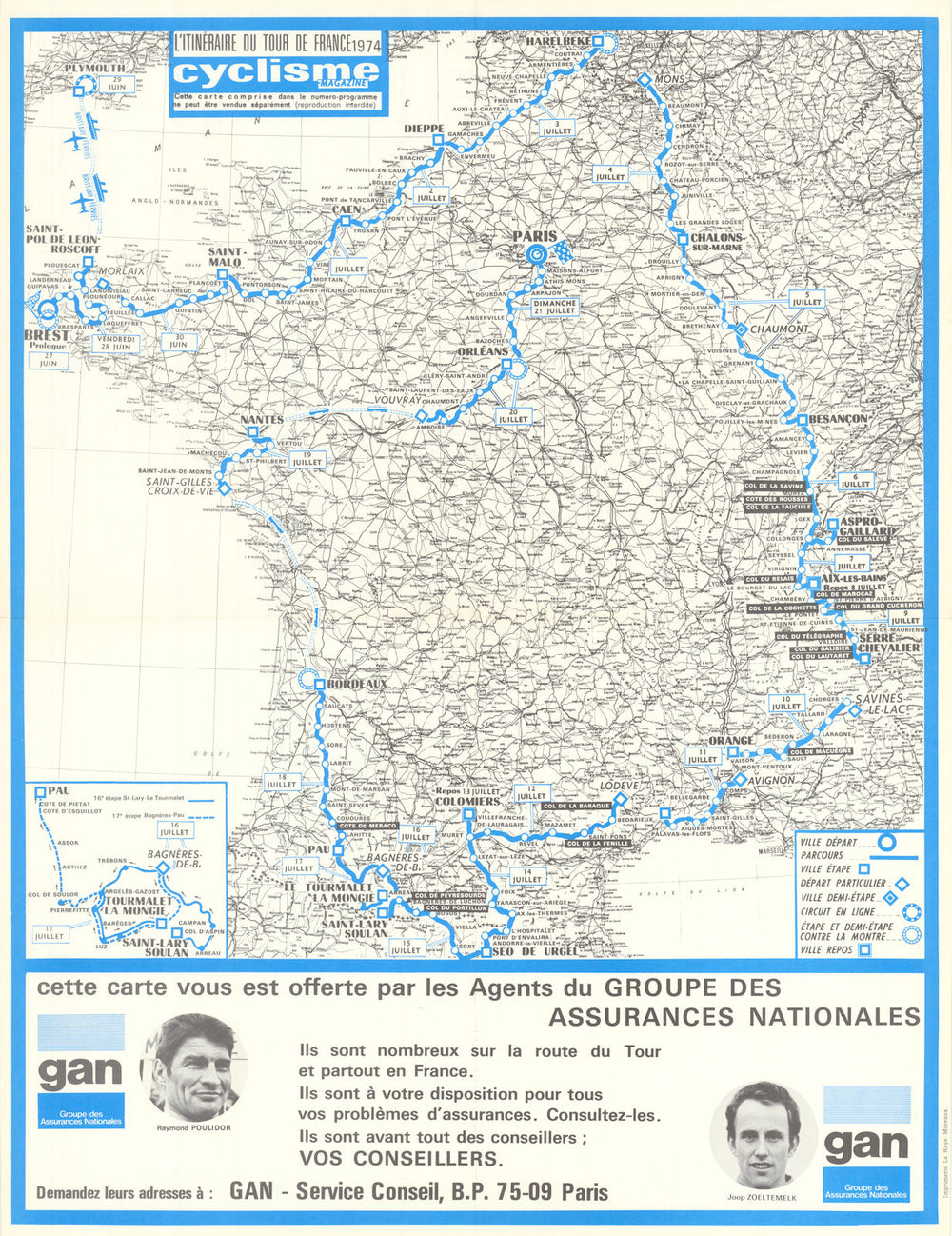 Tour de France - Cyclisme Magazine. Cycling route poster map 54x40cm 1974