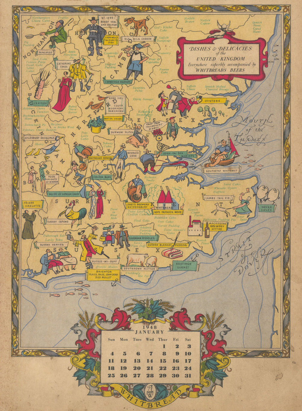 Southeast England delicacies—Gastronomic map—Whitbread calendar—January 1948