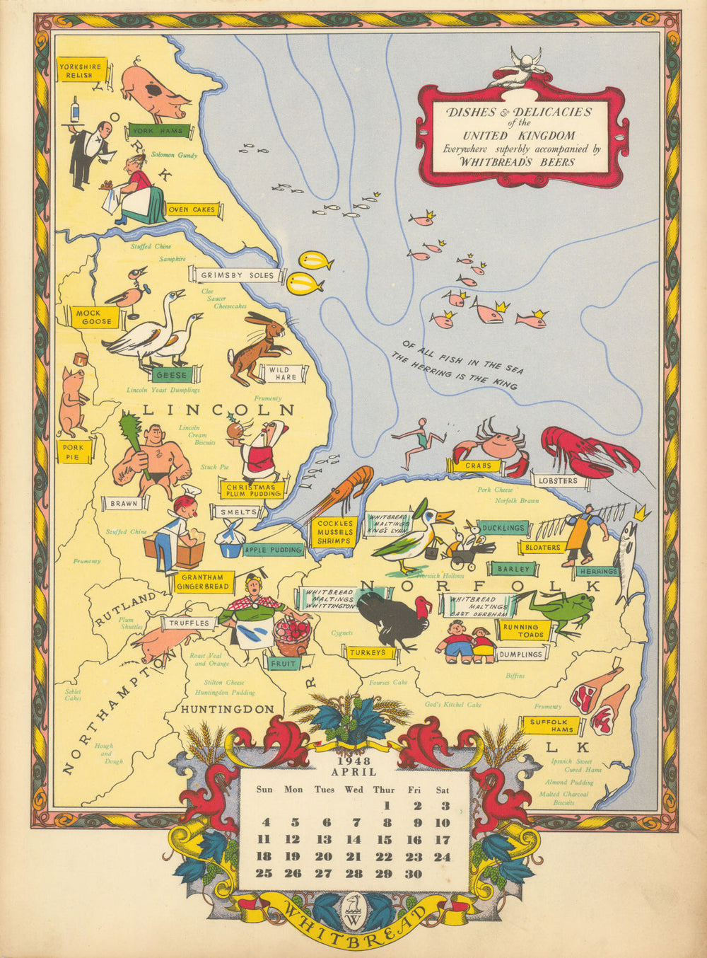 East Anglia & Midlands delicacies—Gastronomic map—Whitbread calendar—April 1948