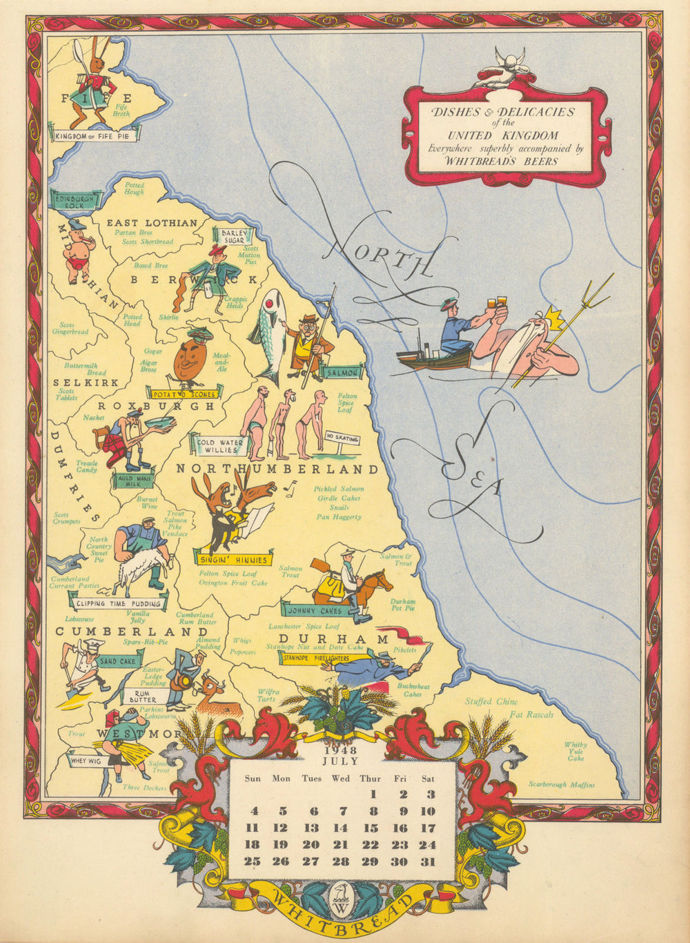 NW England / Scottish Borders—Gastronomic map—Whitbread calendar—July 1948