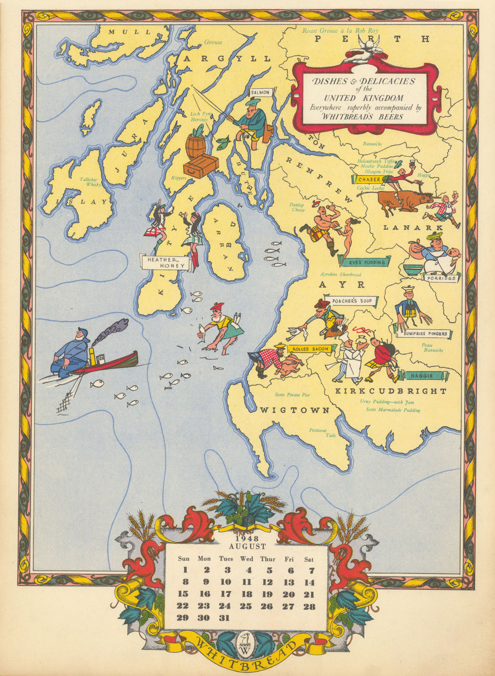 Southwest Scotland delicacies—Gastronomic map—Whitbread calendar—August 1948