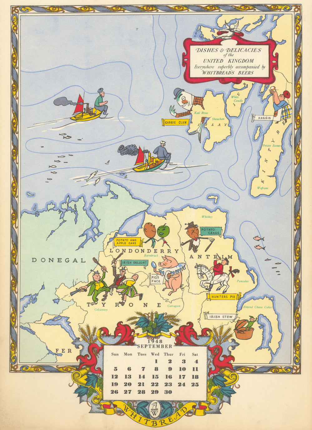 Ulster/SW Scotland delicacies—Gastronomic map—Whitbread calendar—September 1948