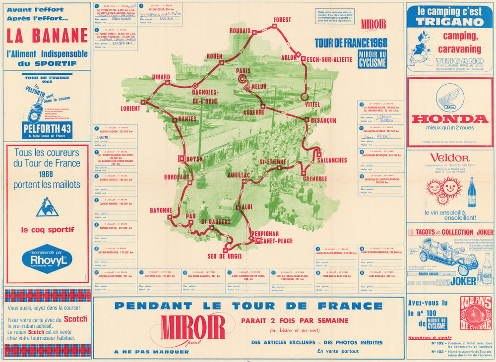 Tour de France - Miroir du Cyclisme. Cycling route poster map 75x55 cm 1968