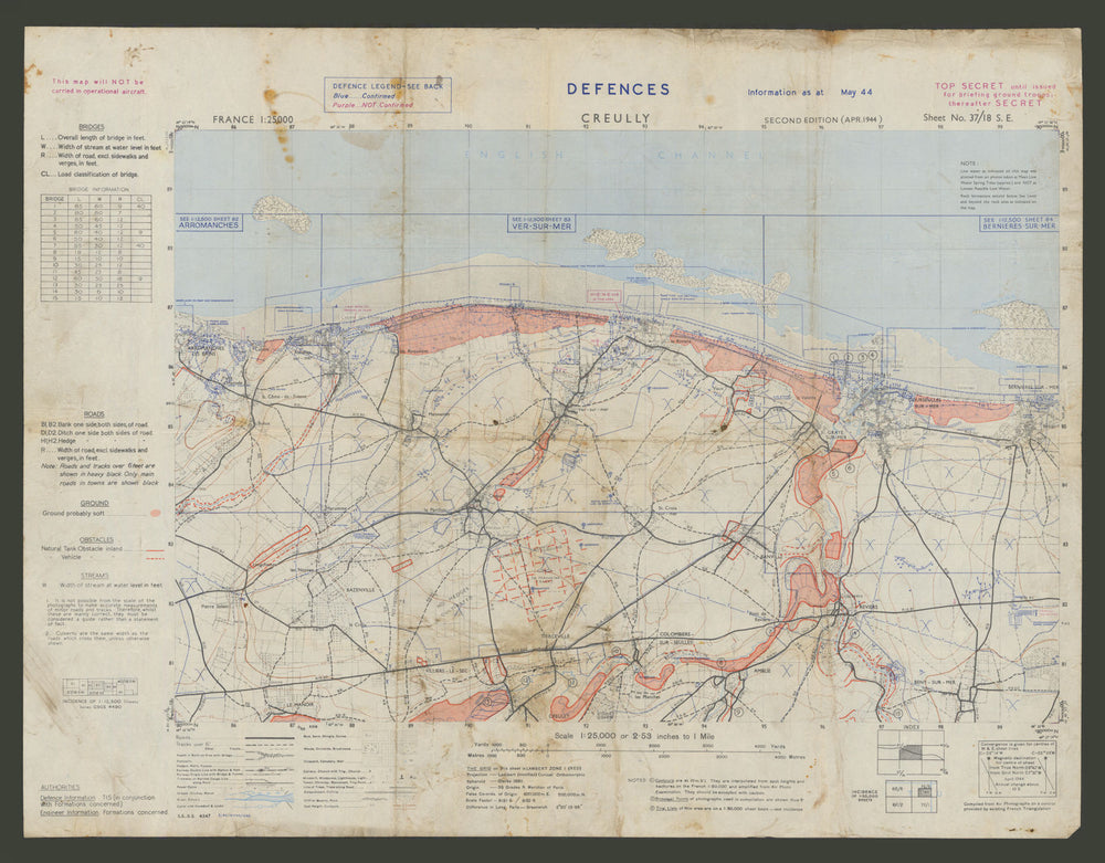 Operational D-Day map of Gold & Juno landing beaches—German defences—May 1944