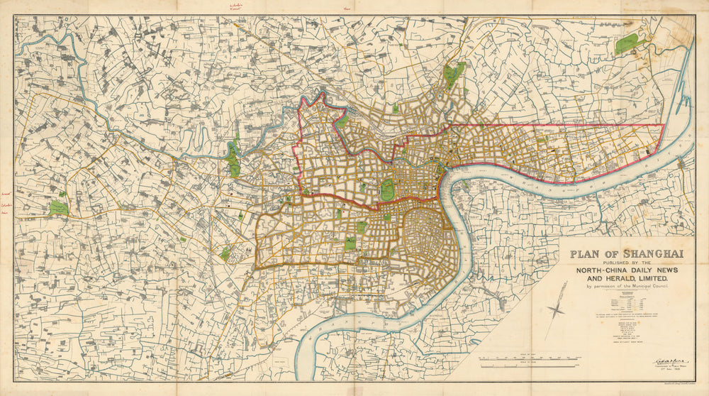 Plan of Shanghai by Charles Harpur for North China Daily News & Herald 1928 map