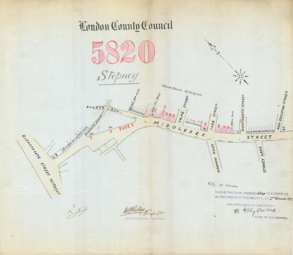 Middlesex Street, Spitalfields E1—door renumbering—Bishopsgate—Cobb St 1902 map