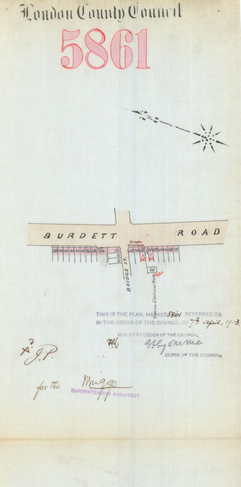 Burdett Road, Mile End E3—door renumbering—Bridge Street at Hamlets Way 1903 map