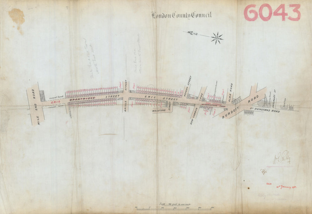 Eric Street, Mile End Road E3—door renumbering/renaming—Burdett Road 1905 map