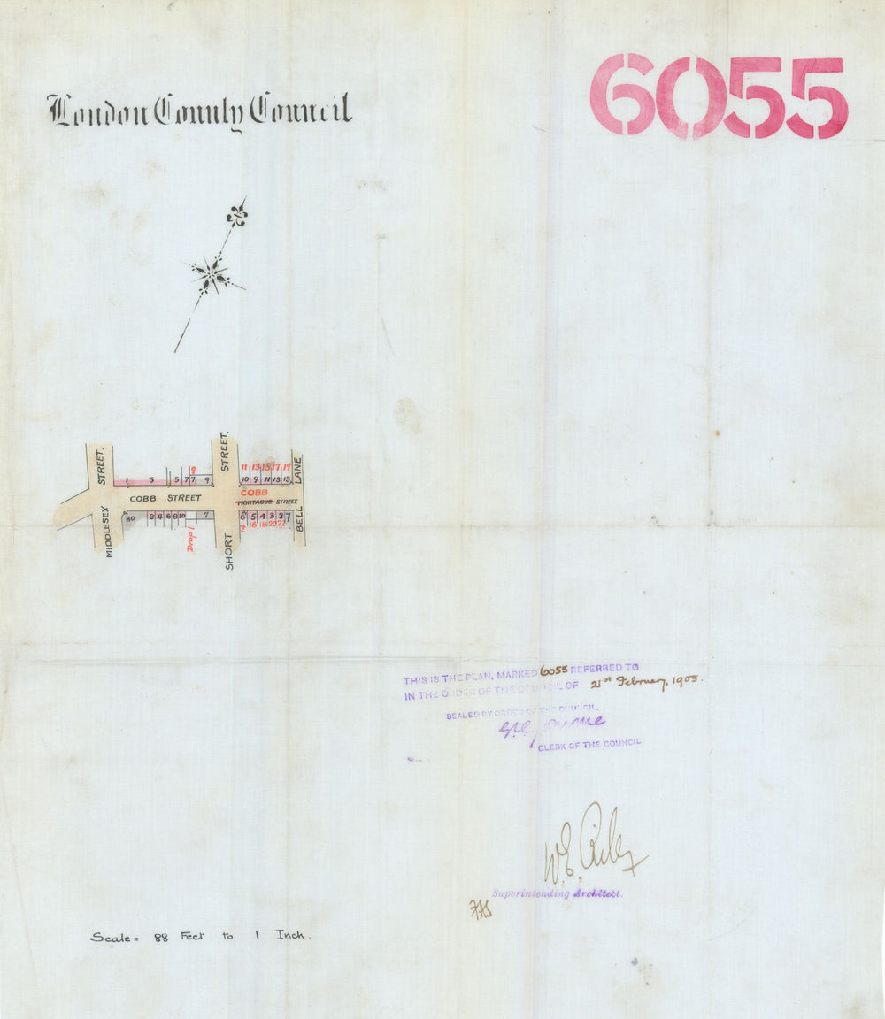 Cobb Street, Spitalfields E1—renumbering/renaming—Middlesex & Leyden St 1905 map