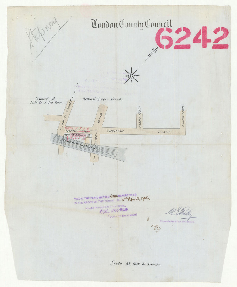 Portman Place, Bethnal Green E3—renumbering/renaming—Allas & Globe Road 1906 map