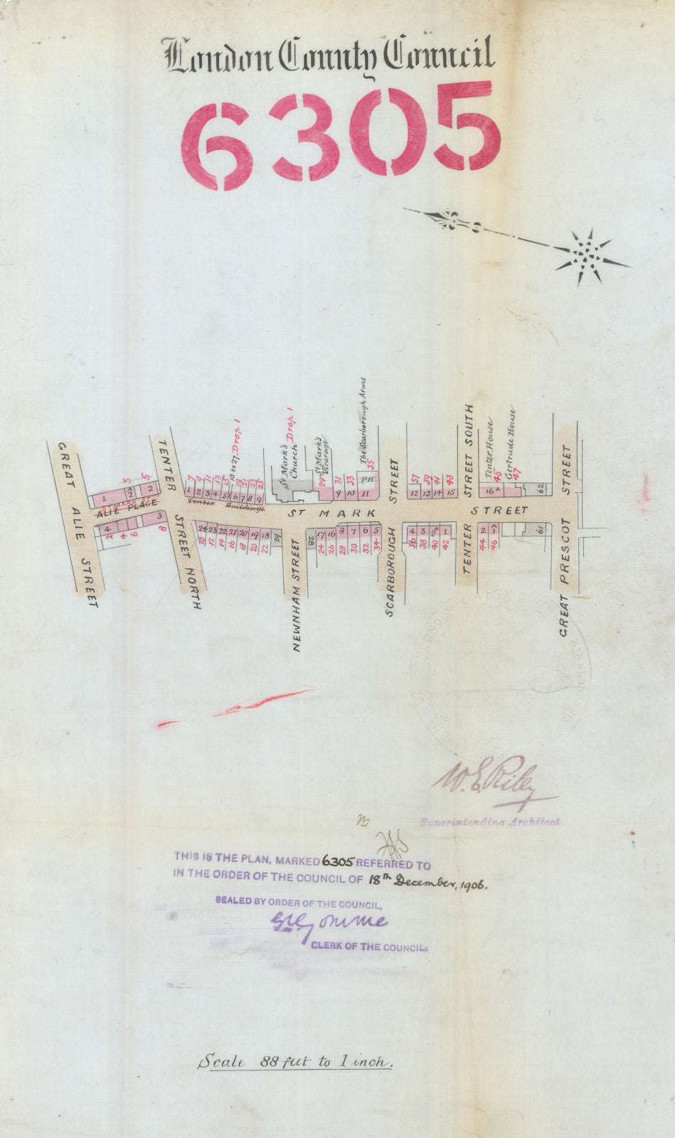 St Mark Street, Aldgate E1—door renumbering/renaming—Alie St—Prescot St 1906 map