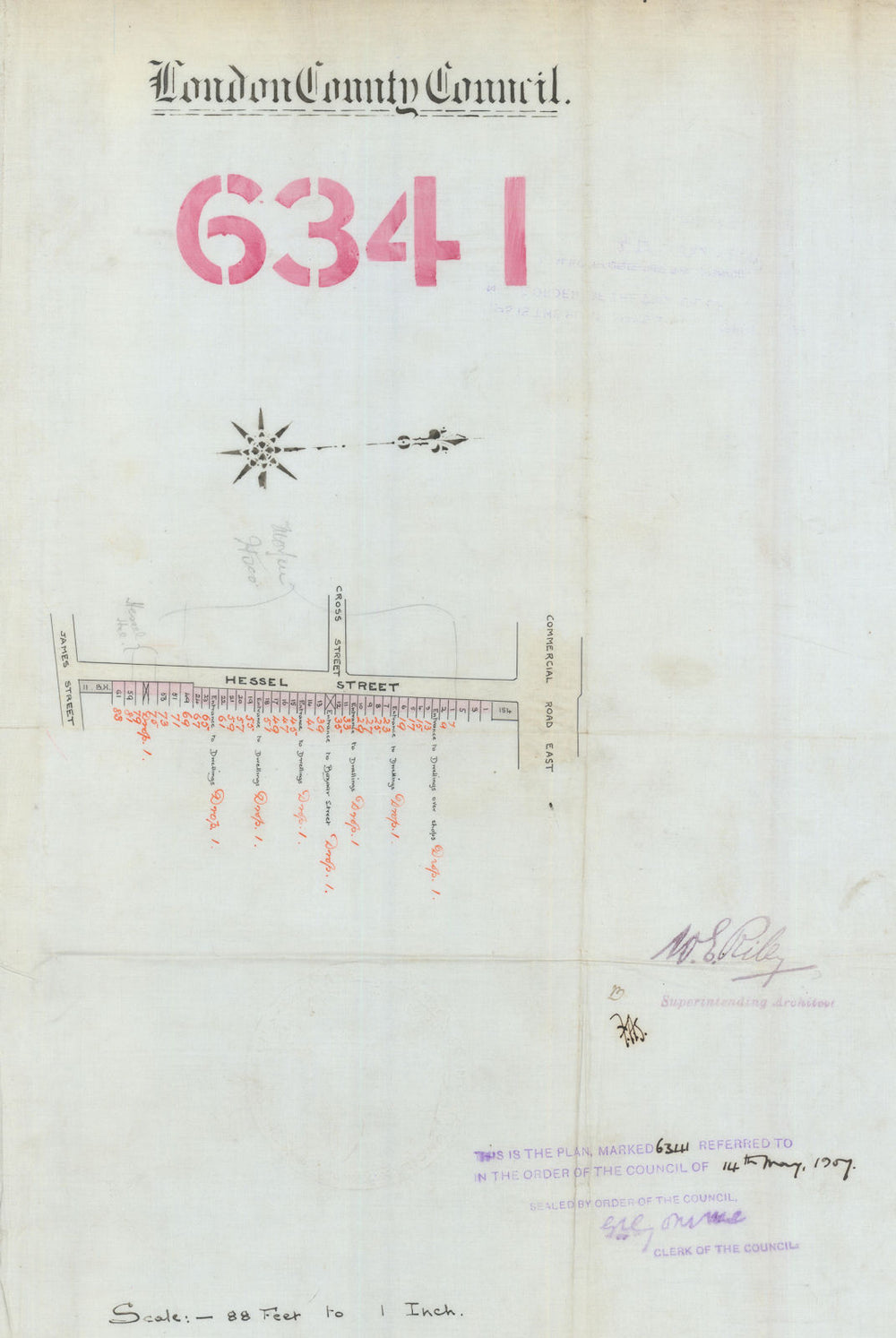 Hessel Street—Whitechapel E1—renumbering—James/Burslem St—Commercial Rd 1907 map