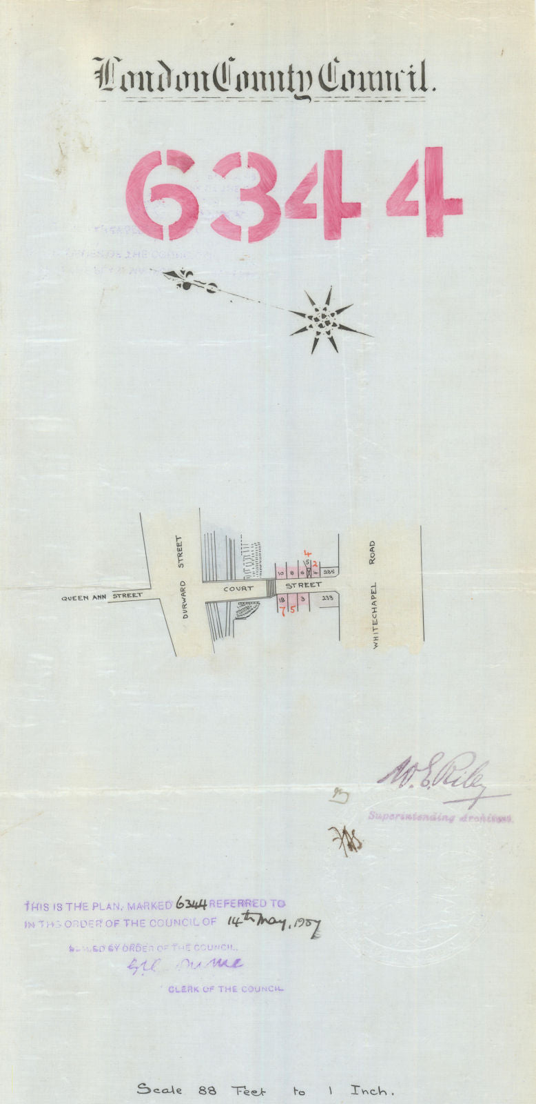 Court Street, Whitechapel Road E1—door renumbering—Durward Street 1907 old map