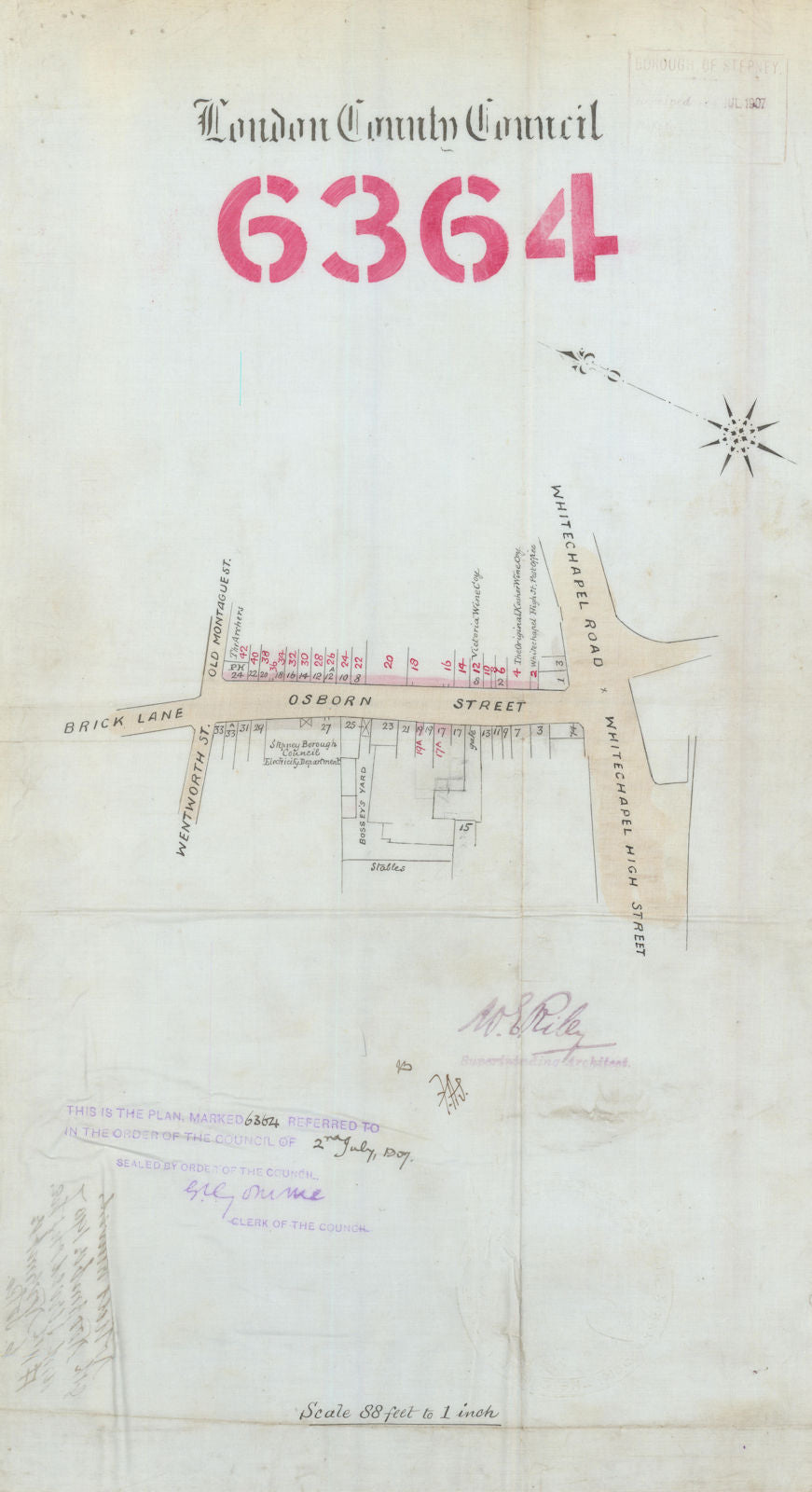 Osborn Street, Aldgate E1—door renumbering—Brick Lane—Whitechapel Road 1907 map