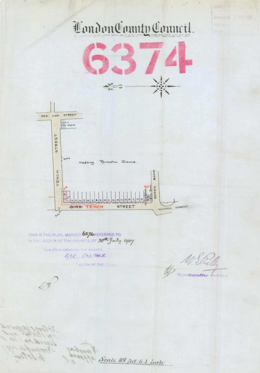 Wapping Gardens E1—door renumbering/renaming—Tench Street—Green Bank 1907 map