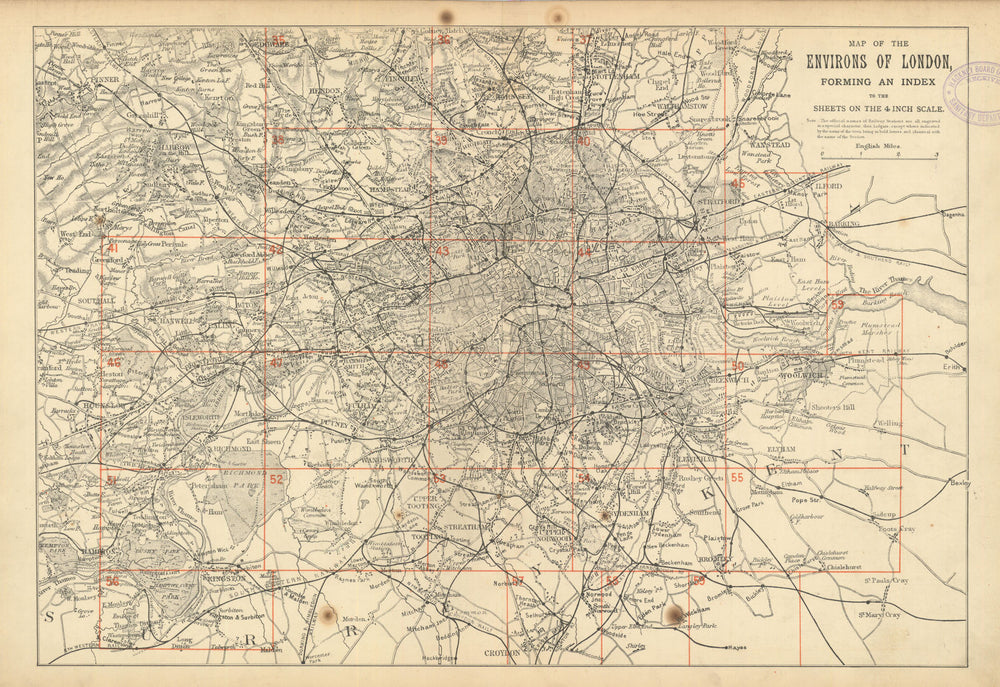 GREATER LONDON ENVIRONS. General Index map to 4 inch scale maps. BACON 1886