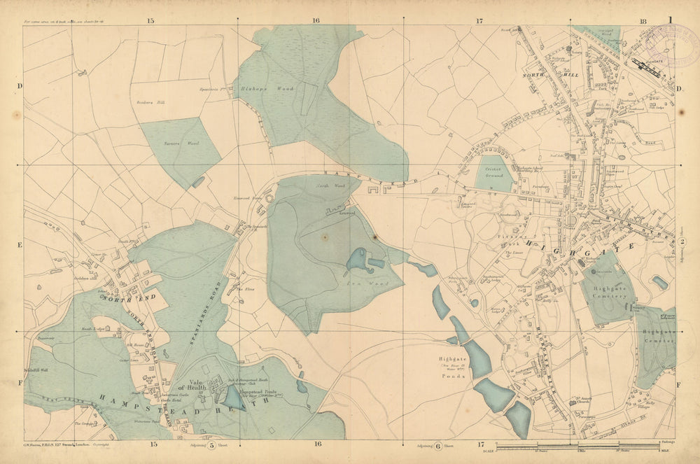 HAMPSTEAD HEATH Highgate Golders Green Hampstead Garden Suburb 1886 map