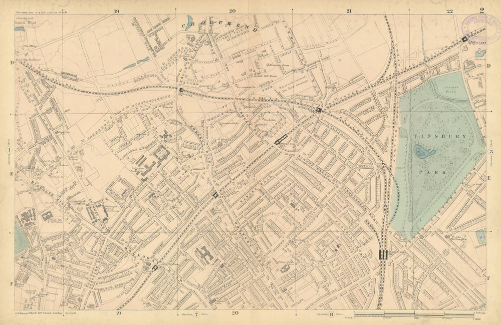 FINSBURY PARK Crouch End Stroud Green Highgate Archway Harringay 1886 old map