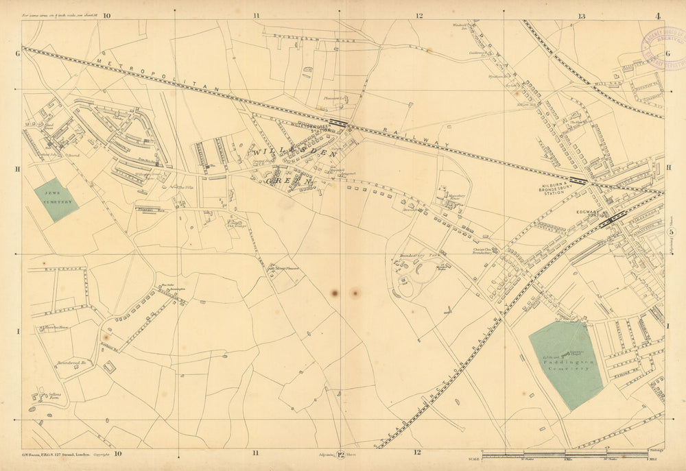 WILLESDEN GREEN Kilburn Brondesbury Queens Park Dollis Hill Kensal Rise 1886 map
