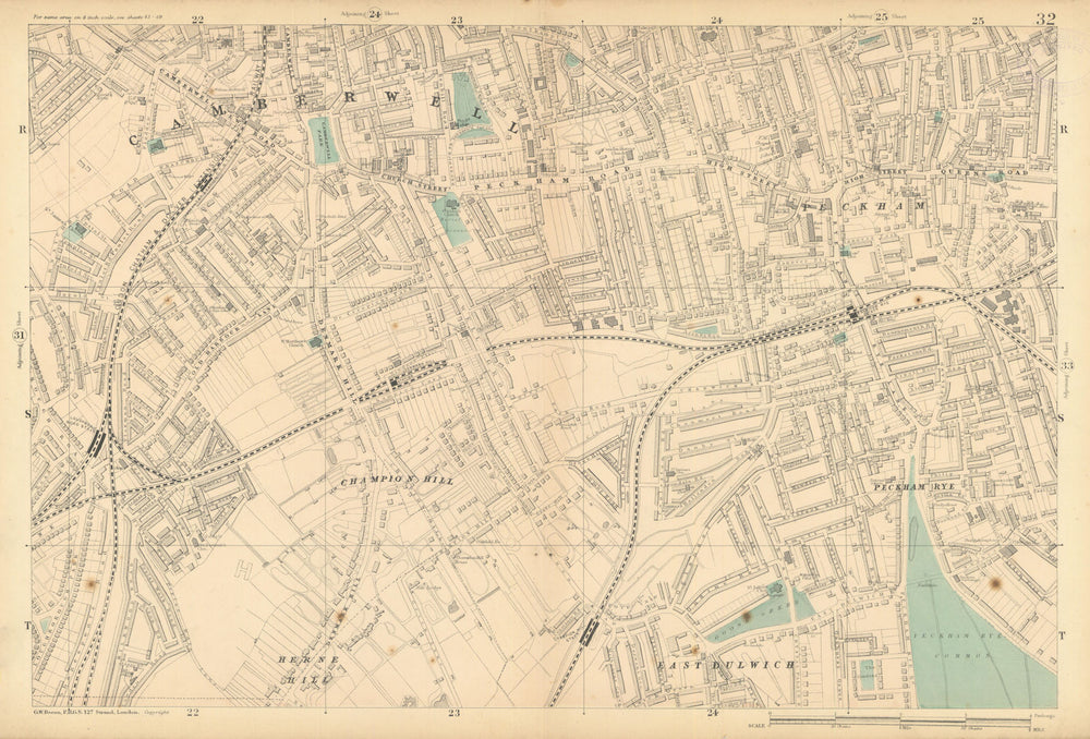 CAMBERWELL Peckham Rye East Dulwich Herne Hill Denmark Hill 1886 old map
