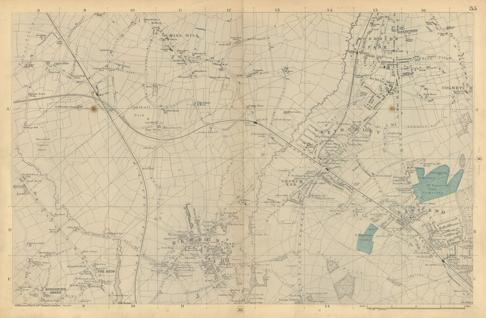 FINCHLEY/HENDON Mill Hill Colindale Colney Hatch Fortis Green. BACON  1886 map