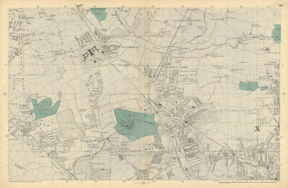 FRIERN BARNET/HORNSEY Palmers/Wood Green Southgate Muswell Hill. BACON  1886 map