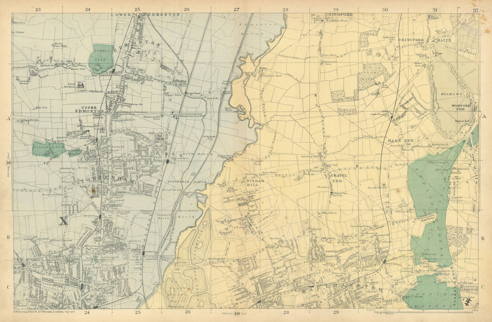 TOTTENHAM WALTHAMSTOW EDMONTON Chingford Hale End Epping Forest. BACON  1886 map