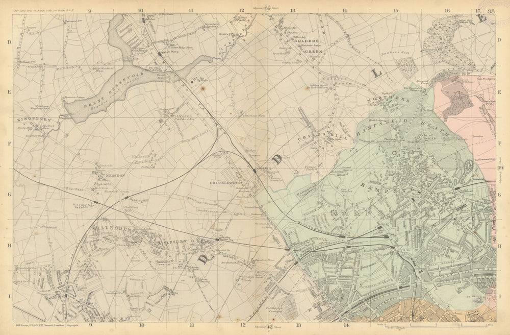 HAMPSTEAD WILLESDEN Cricklewood Golders Green Kilburn Belsize Pk BACON  1886 map
