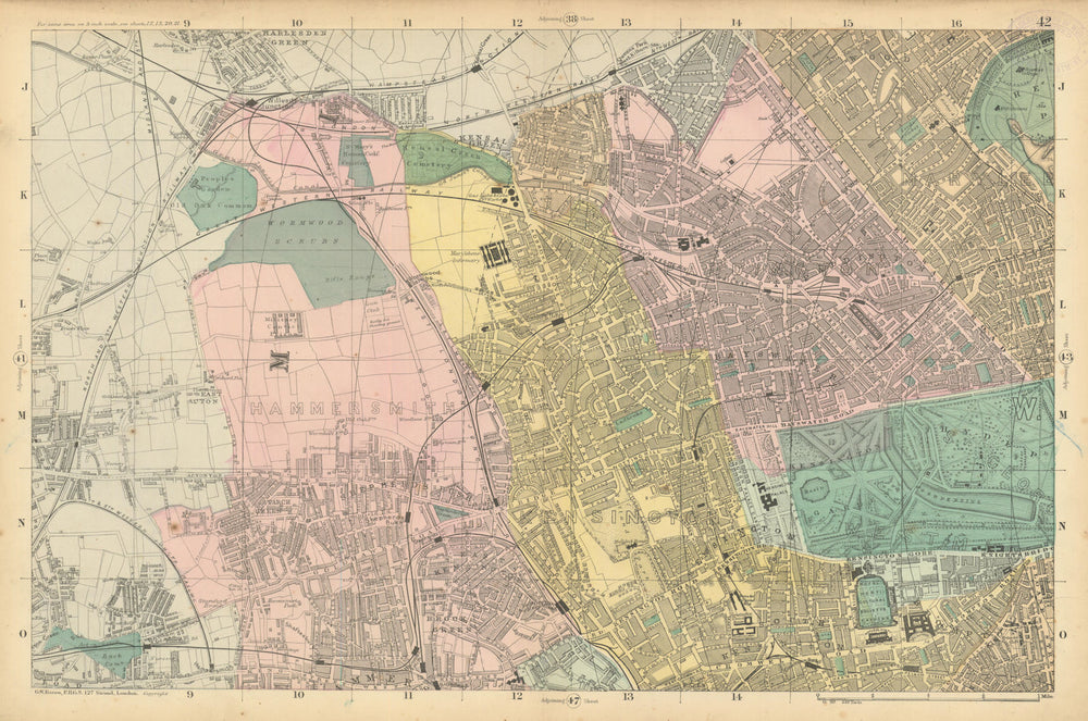 LONDON Notting Hill Kensington St Johns Wd Hammersmith Bayswater BACON  1886 map