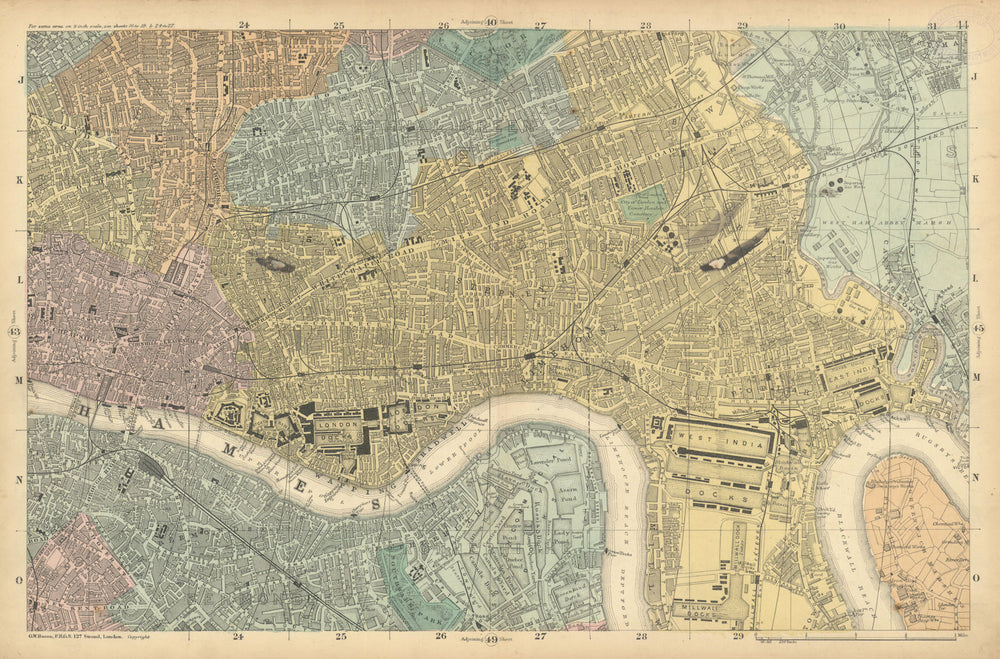 LONDON City East End Southwark Bethnal Green Docks Shoreditch. BACON  1886 map