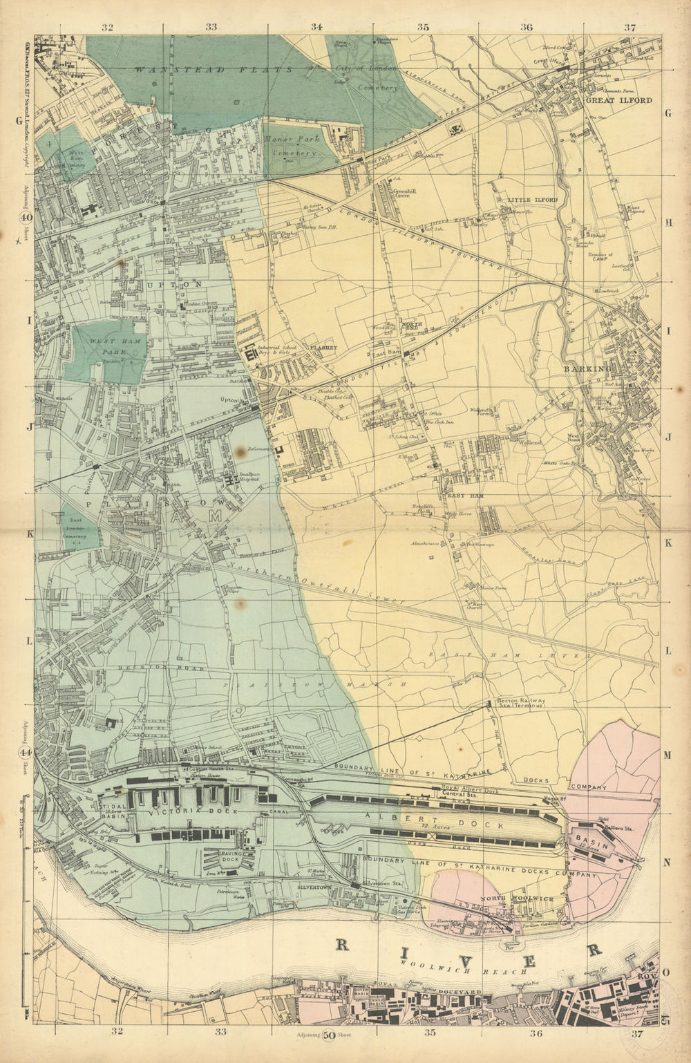 LONDON Royal Docks Woolwich Wanstead West/E Ham Beckton Barking Ilford 1886 map