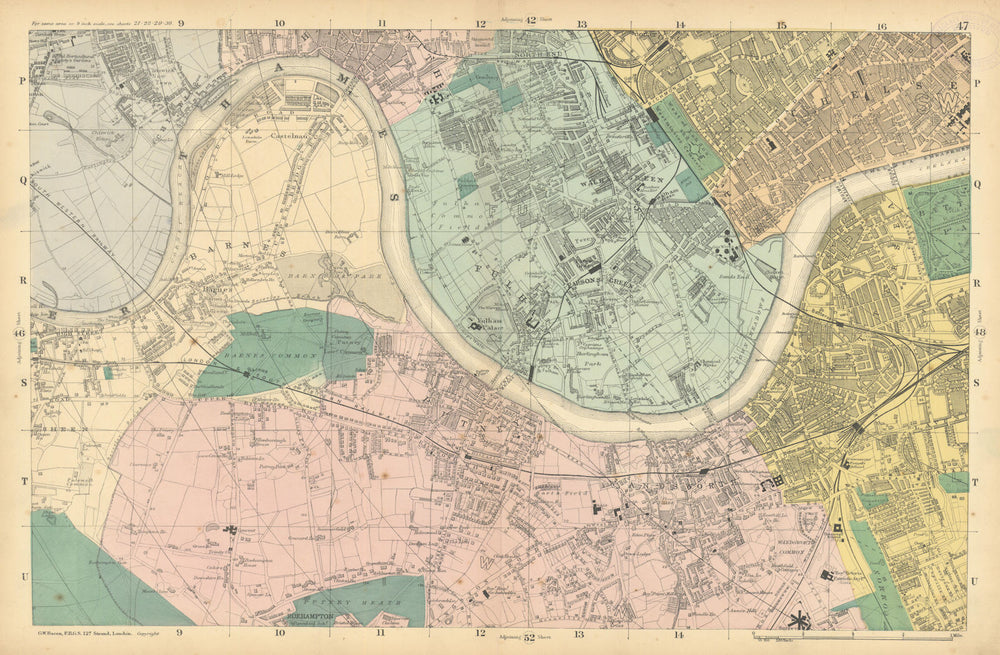 LONDON Chiswick Barnes Fulham Chelsea Putney Wandsworth Clapham. BACON  1886 map