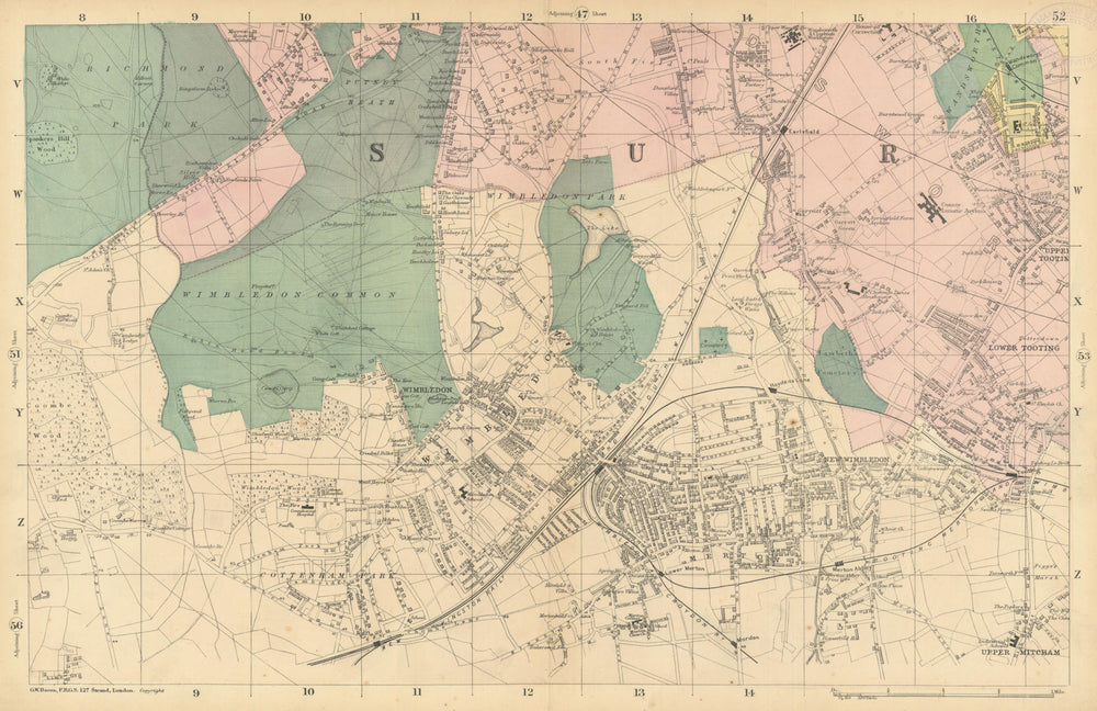 WIMBLEDON Merton Tooting Putney Heath Southfields Cottenham Park BACON  1886 map