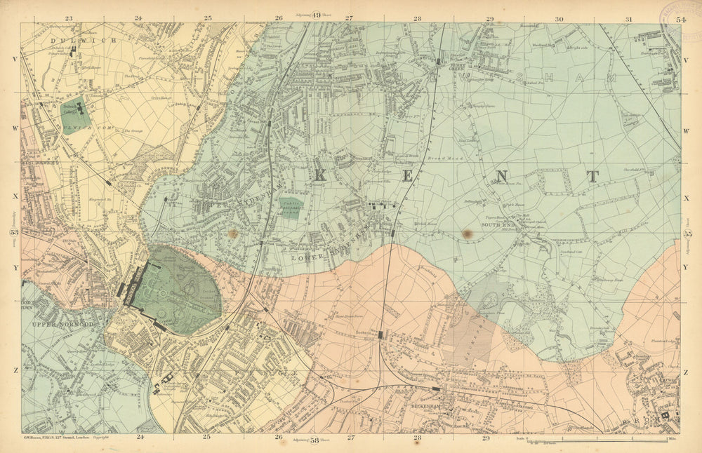LONDON Sydenham Penge Beckenham Catford Norwood Dulwich Lewisham BACON  1886 map