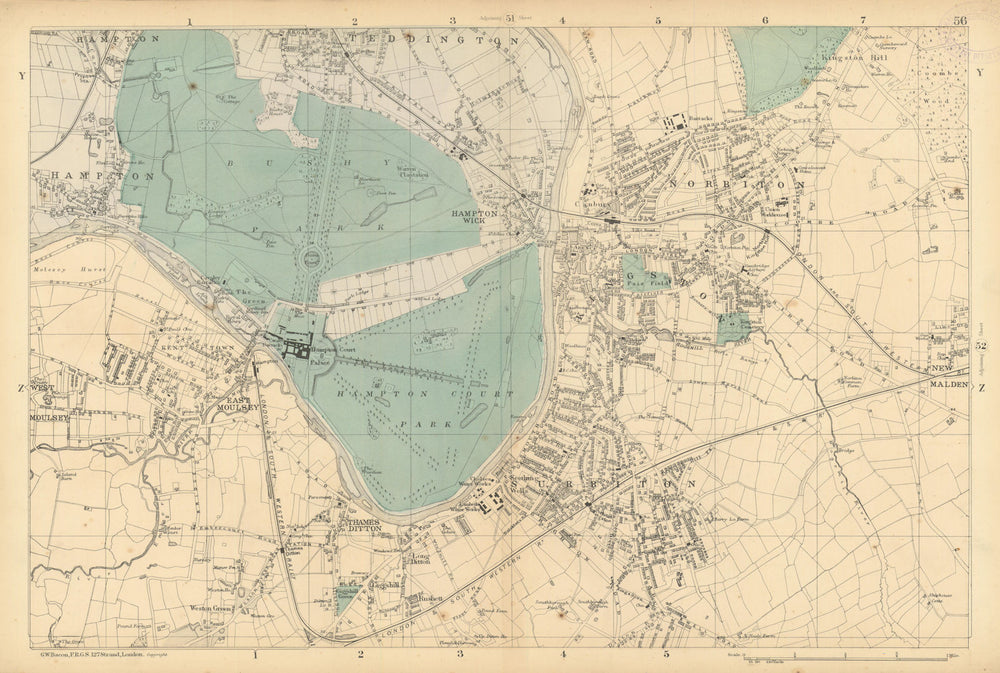 SURBITON & ESHER Hampton Court East Molesey Thames Ditton Hook. BACON  1886 map