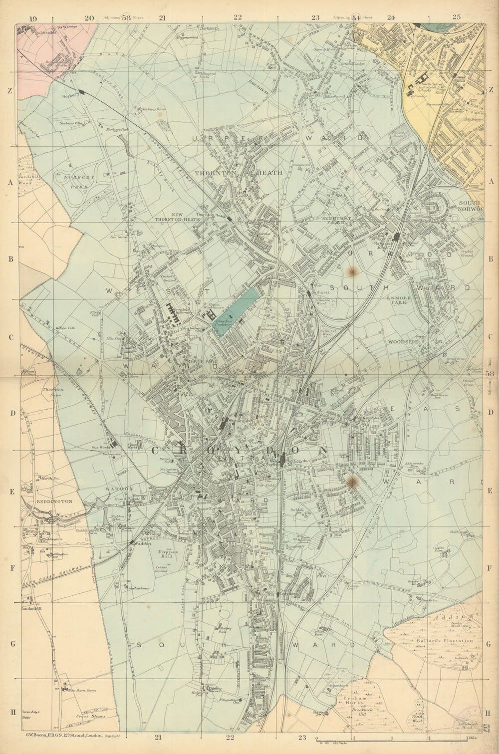 CROYDON Beddington Thornton Heath South Norwood Norbury Anerley. BACON 1886 map