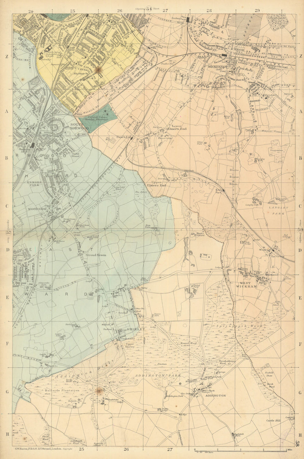 S LONDON Beckenham West Wickham South Norwood Penge Woodside Addington 1886 map