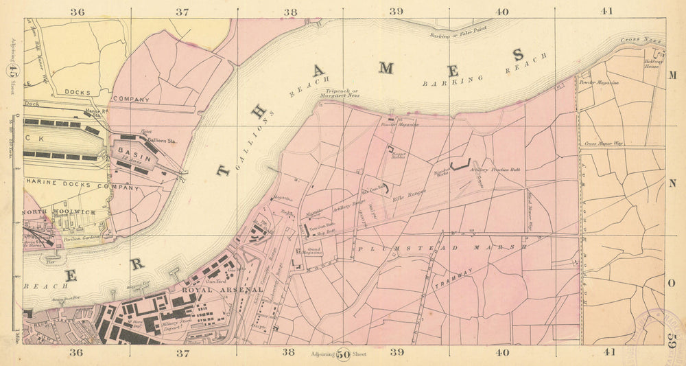 WOOLWICH Royal Arsenal North Woolwich Plumstead Marsh Thamesmead. BACON 1886 map