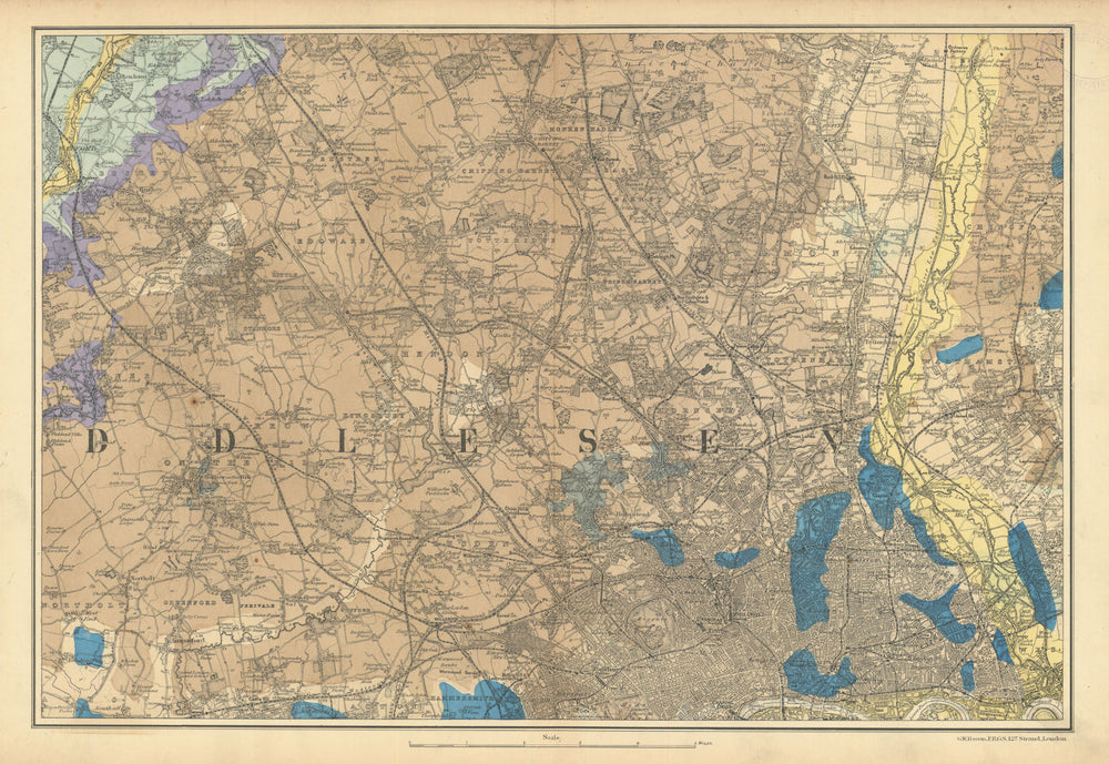 NW LONDON GEOLOGICAL Westminster Islington Brent Ealing Camden.BACON 1886 map