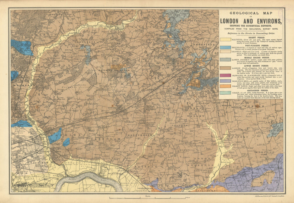 NE LONDON GEOLOGICAL Essex Redbridge Newham Barking Dagenham &c.BACON 1886 map