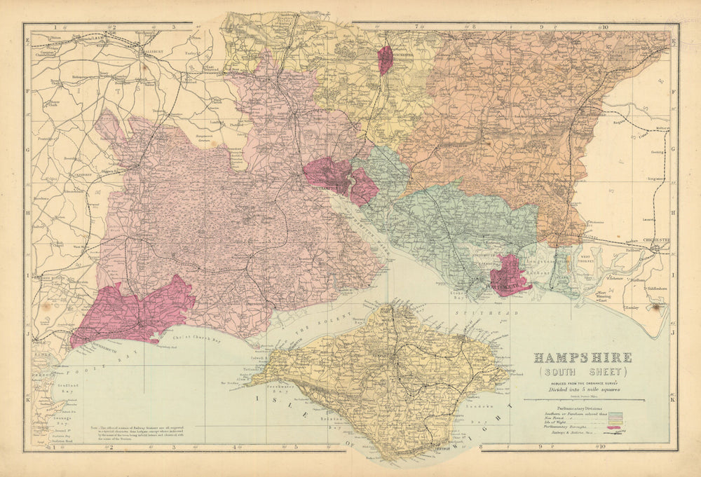 HAMPSHIRE SOUTH Isle of Wight. Parliamentary  boroughs.Railways.BACON 1886 map