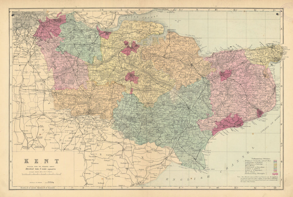 KENT county map. Parliamentary constituencies divisions. Railways. BACON 1886