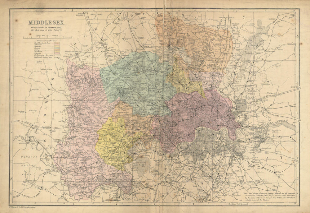 MIDDLESEX & LONDON county map.Parliamentary constituencies.Railways.BACON 1886