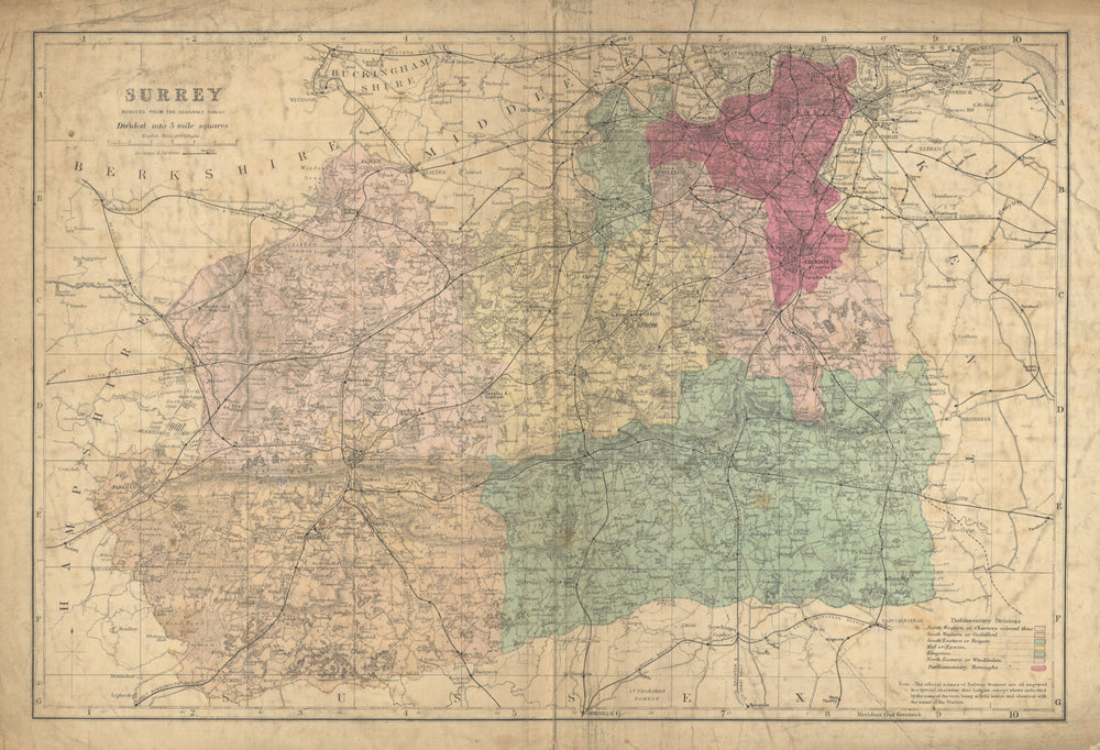 SURREY county map. Parliamentary constituencies divisions. Railways. BACON 1886