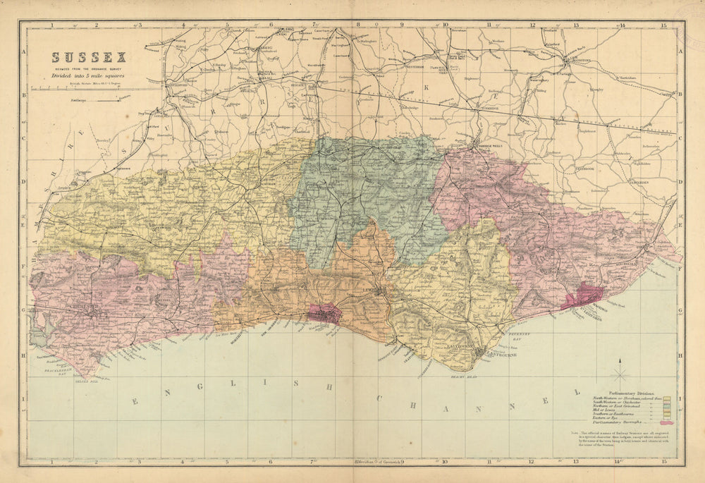 SUSSEX county map. Parliamentary constituencies divisions. Railways. BACON 1886