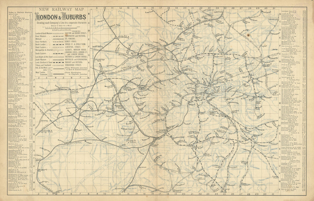 LONDON RAILWAYS shows companies & termini. Tube Underground. BACON 1886 map
