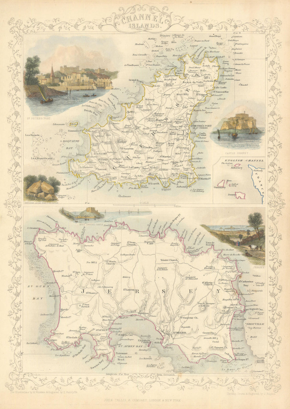CHANNEL ISLANDS. St Peter Port view. Jersey & Guernsey. TALLIS & RAPKIN 1851 map