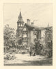 The Lodge of Queens’ College, Cambridge—antique etching by H. Toussaint 1881