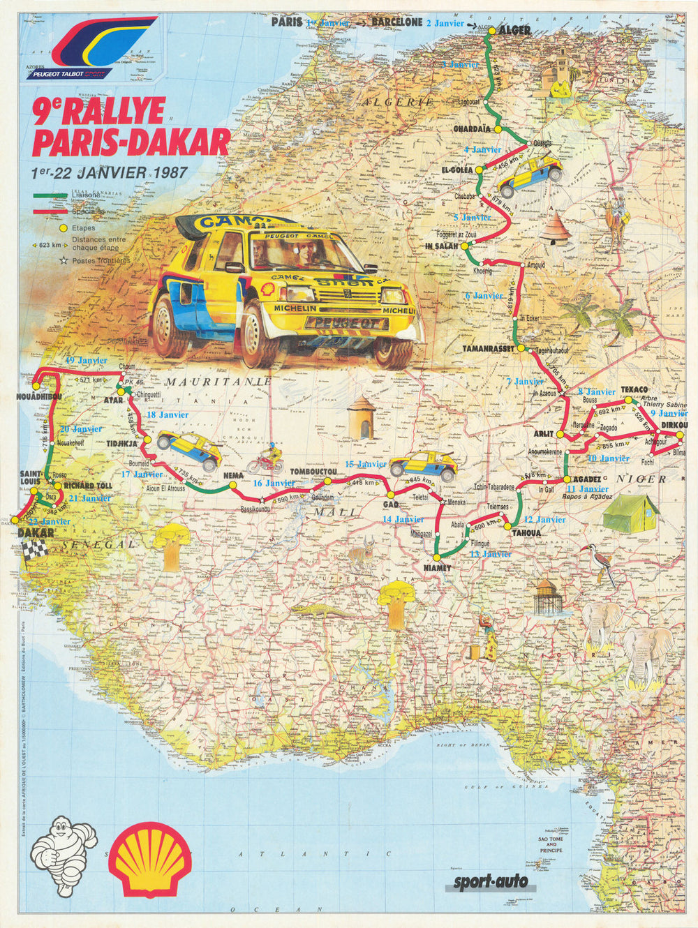 Sport-Auto—9e Rallye Paris-Dakar—Peugeot Talbot—56 x 42 cm poster route map 1987