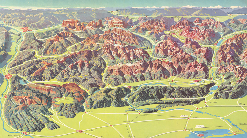 Dolomites—Dolomiti—Summer alpine panoramic bird's eye view map—Berann 1936